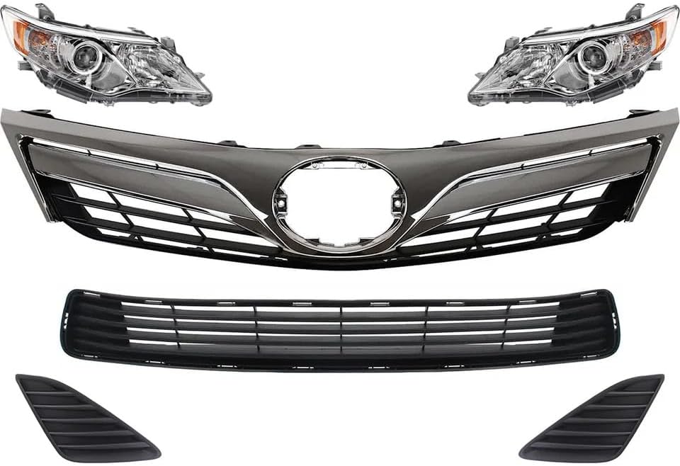 Front Upper & Lower Grille + Headlights + Fog Light Covers Primed Left Driver & Right Passenger Side Direct Replacement Compatible With 2012-2014 Toyota Camry TO1200343 TO1036128