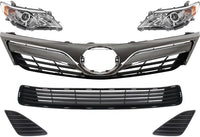 Front Upper & Lower Grille + Headlights + Fog Light Covers Primed Left Driver & Right Passenger Side Direct Replacement Compatible With 2012-2014 Toyota Camry TO1200343 TO1036128