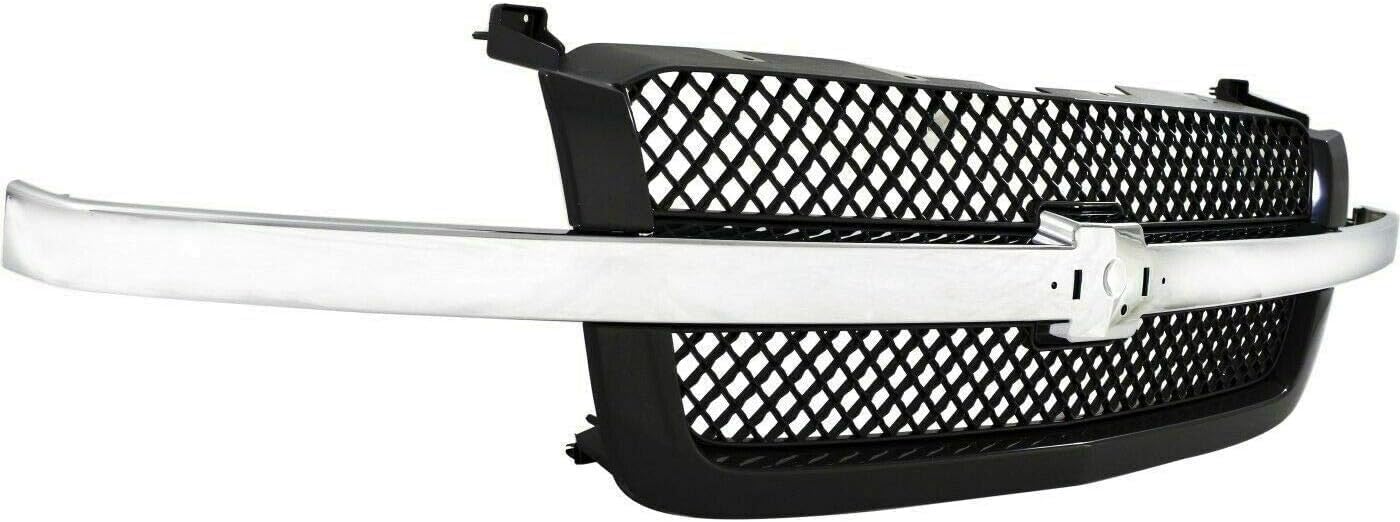 Front Grill Mesh Gray With Chrome Center Bar + Headlight Brackets Left Driver & Right Passenger Side Direct Replacement Compatible With 2003-2006 Chevrolet Silverado 1500 2500 3500