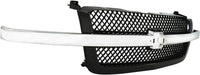 Front Grill Mesh Gray With Chrome Center Bar + Headlight Brackets Left Driver & Right Passenger Side Direct Replacement Compatible With 2003-2006 Chevrolet Silverado 1500 2500 3500