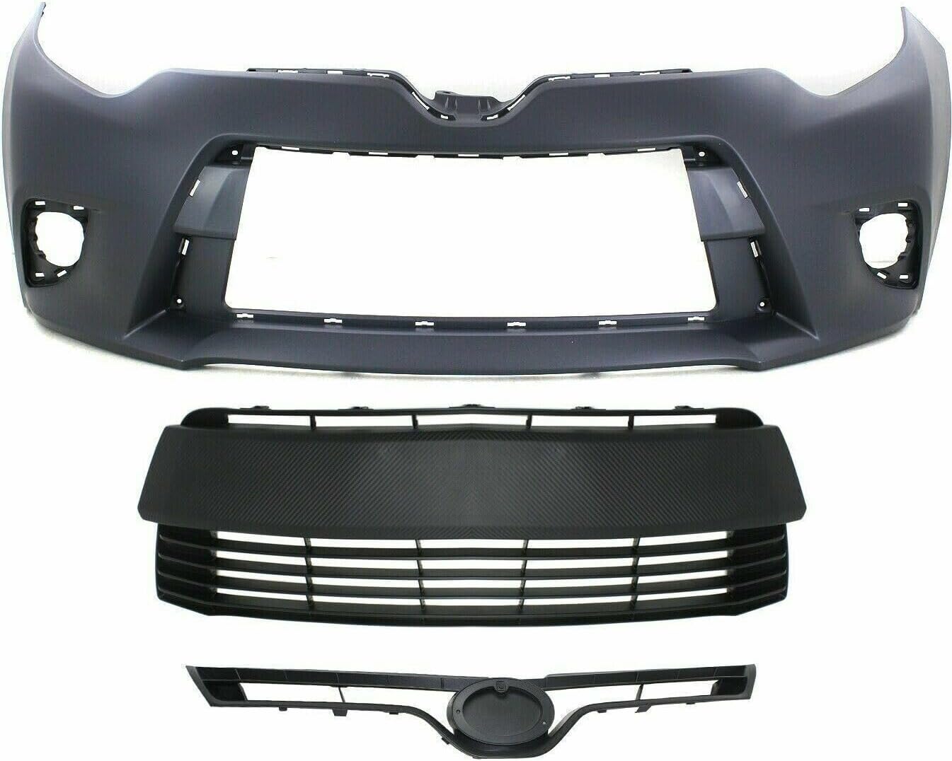 Front Bumper Cover Primed + Upper + Lower Grille Shell & Insert Textured Direct Replacement Compatible With 2014-2016 Toyota Corolla TO1036145 TO1200366 TO1000399 5311202450