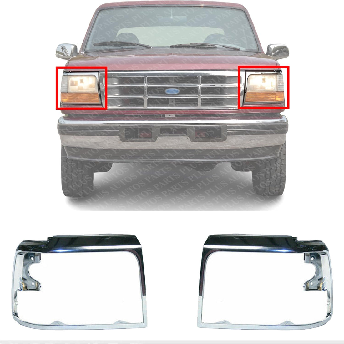 Set Of 2 Front Head Light Door Bezel Chrome Steel Left Driver & Right Passenger Side Direct Replacement Compatible With 1992-1997 Ford F-Series FO2512130 FO2513131 F2TZ13064C
