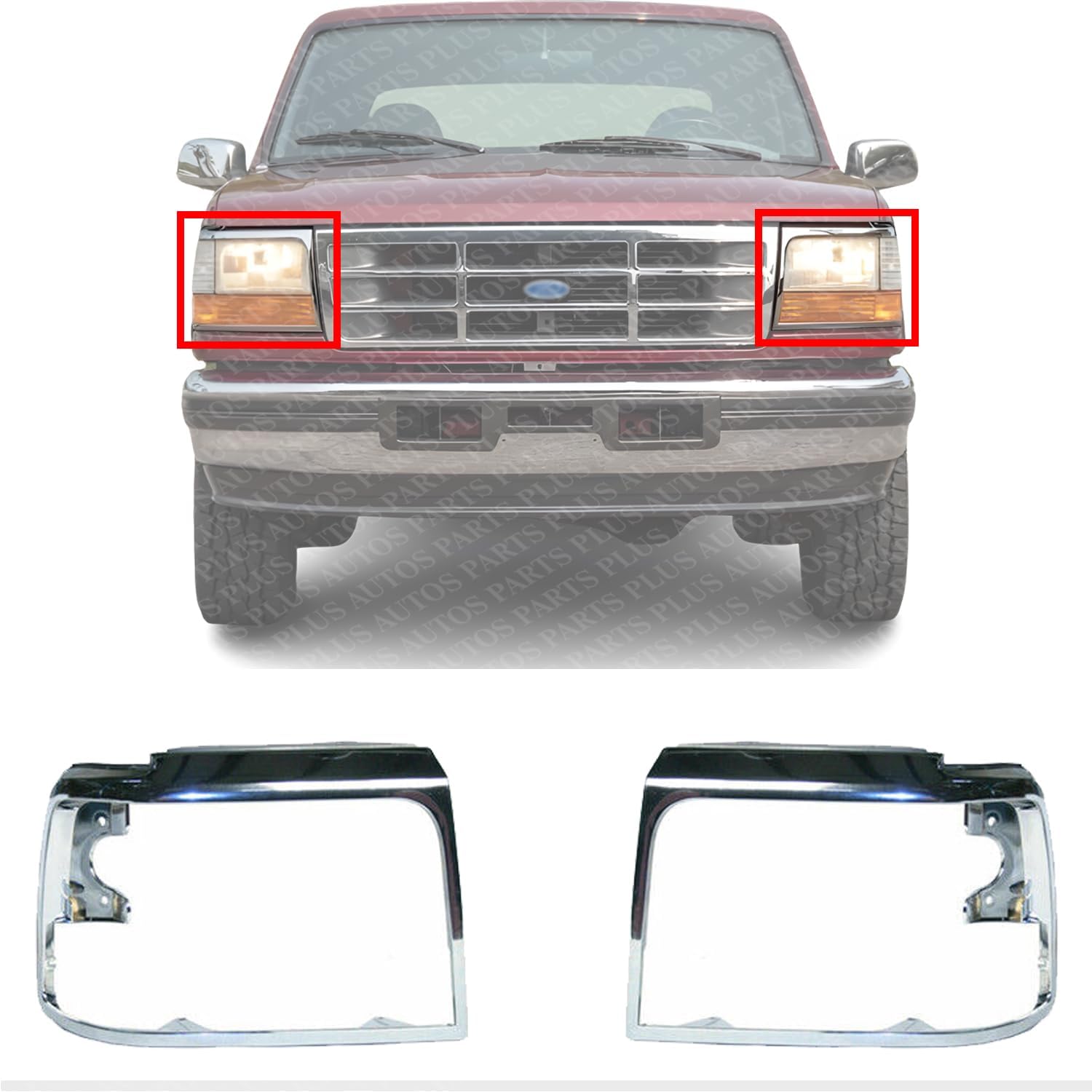 Set Of 2 Front Head Light Door Bezel Chrome Steel Left Driver & Right Passenger Side Direct Replacement Compatible With 1992-1997 Ford F-Series FO2512130 FO2513131 F2TZ13064C
