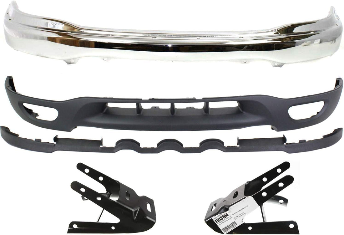 Front Bumper Chrome + Lower Valance Textured + Brackets Left Driver & Right Passenger Side Direct Replacement Compatible With 1999-2002 Ford Expedition / 1999-2003 F-150 FO1067129