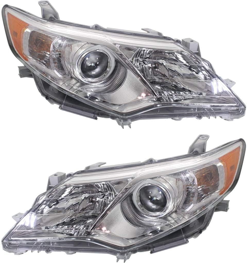 Front Upper & Lower Grille + Headlights + Fog Light Covers Primed Left Driver & Right Passenger Side Direct Replacement Compatible With 2012-2014 Toyota Camry TO1200343 TO1036128