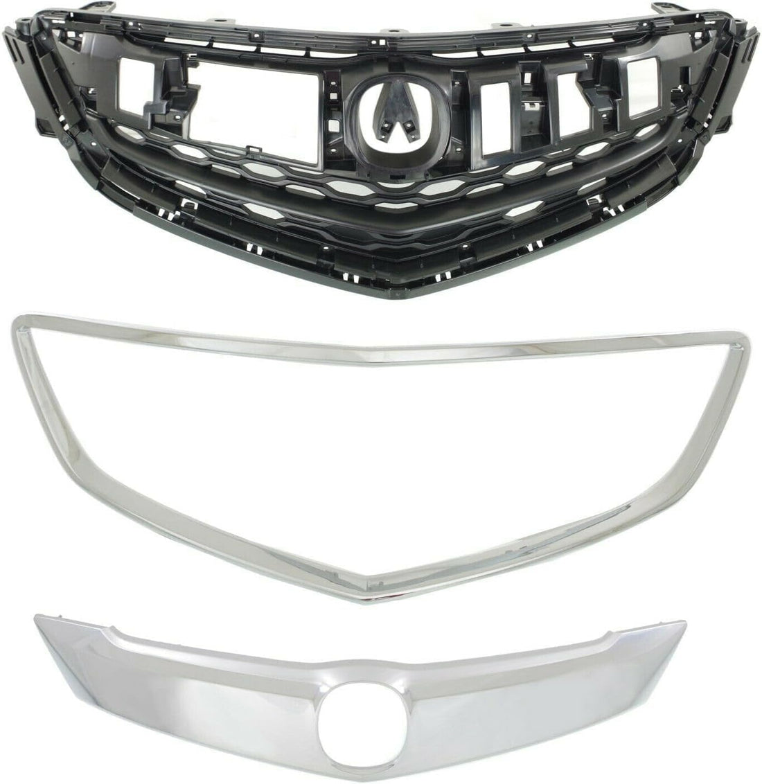 Front Grille Primed Shell & Insert + Upper And Surround Molding Chrome Direct Replacement Compatible With 2015-2017 Acura TLX AC1200124 AC1210118 AC1202106 75105TZ3A01 75125TZ3A01
