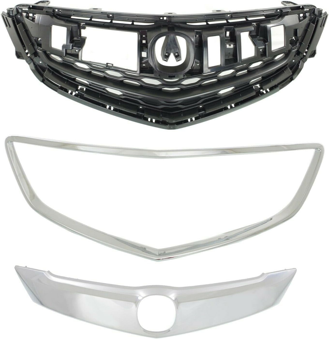 Front Grille Primed Shell & Insert + Upper And Surround Molding Chrome Direct Replacement Compatible With 2015-2017 Acura TLX AC1200124 AC1210118 AC1202106 75105TZ3A01 75125TZ3A01
