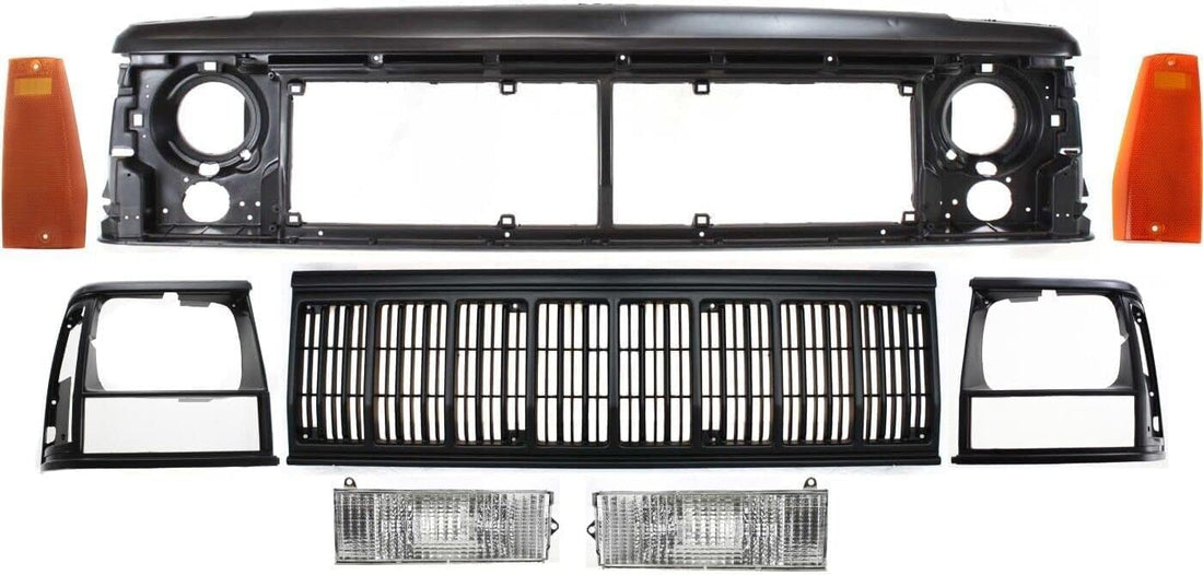 Front Grille Primed Shell And Insert + Header Panel + Headlights + Signal & Marker Lamps Right And Left Side Direct Replacement Compatible With Jeep Cherokee 1991-1996 CH1200176