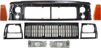 Front Grille Primed Shell And Insert + Header Panel + Headlights + Signal & Marker Lamps Right And Left Side Direct Replacement Compatible With Jeep Cherokee 1991-1996 CH1200176