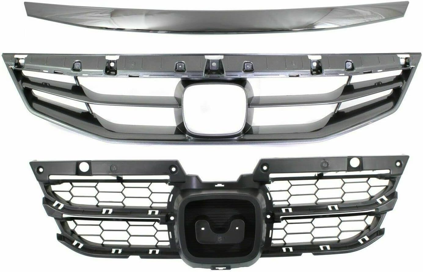 AUTOS PARTS PLUS Front Grille Painted Gray + Mesh Insert Primed + Molding Chrome Direct Replacement Compatible With 2011-2012 Honda Accord HO1200202 HO1223103 HO1210135 71121TE0A11ZA 71124TE0A11
