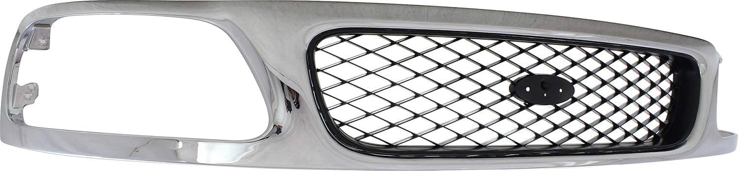 Front Grille Mesh Chrome Shell With Black Insert With Headlight Holes And Emblem Provision Direct Replacement Compatible With 1997-1998 Ford F-150 / F-250 FO1200380 F65Z8200AAN