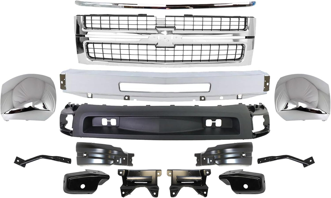 Front Bumper + Grille + Hood Molding + End Caps Chrome + Lower Valance Textured + Brackets Left & Right Side Direct Replacement Compatible with 2007-2010 Chevy Silverado 2500HD 3500HD