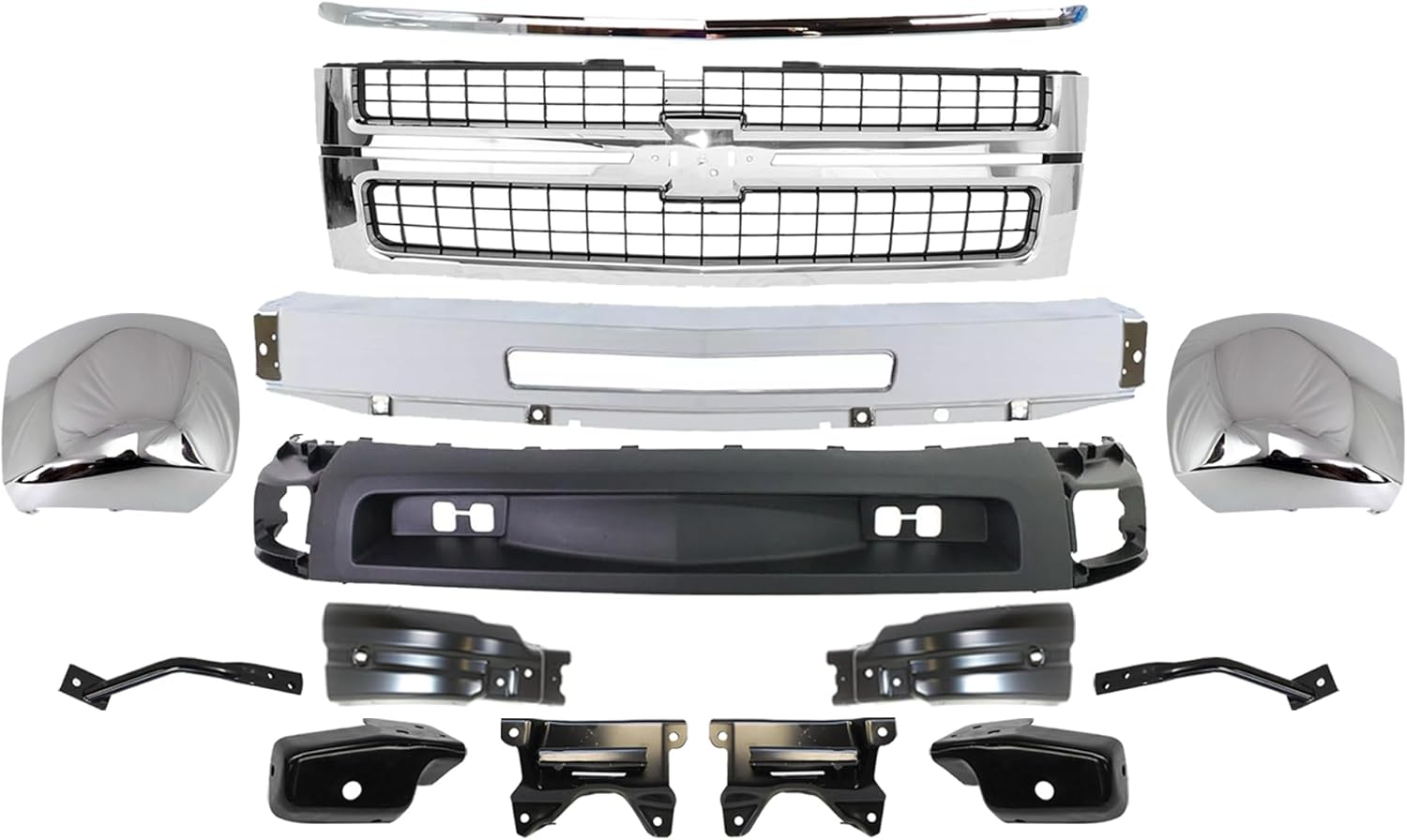 Front Bumper + Grille + Hood Molding + End Caps Chrome + Lower Valance Textured + Brackets Left & Right Side Direct Replacement Compatible with 2007-2010 Chevy Silverado 2500HD 3500HD