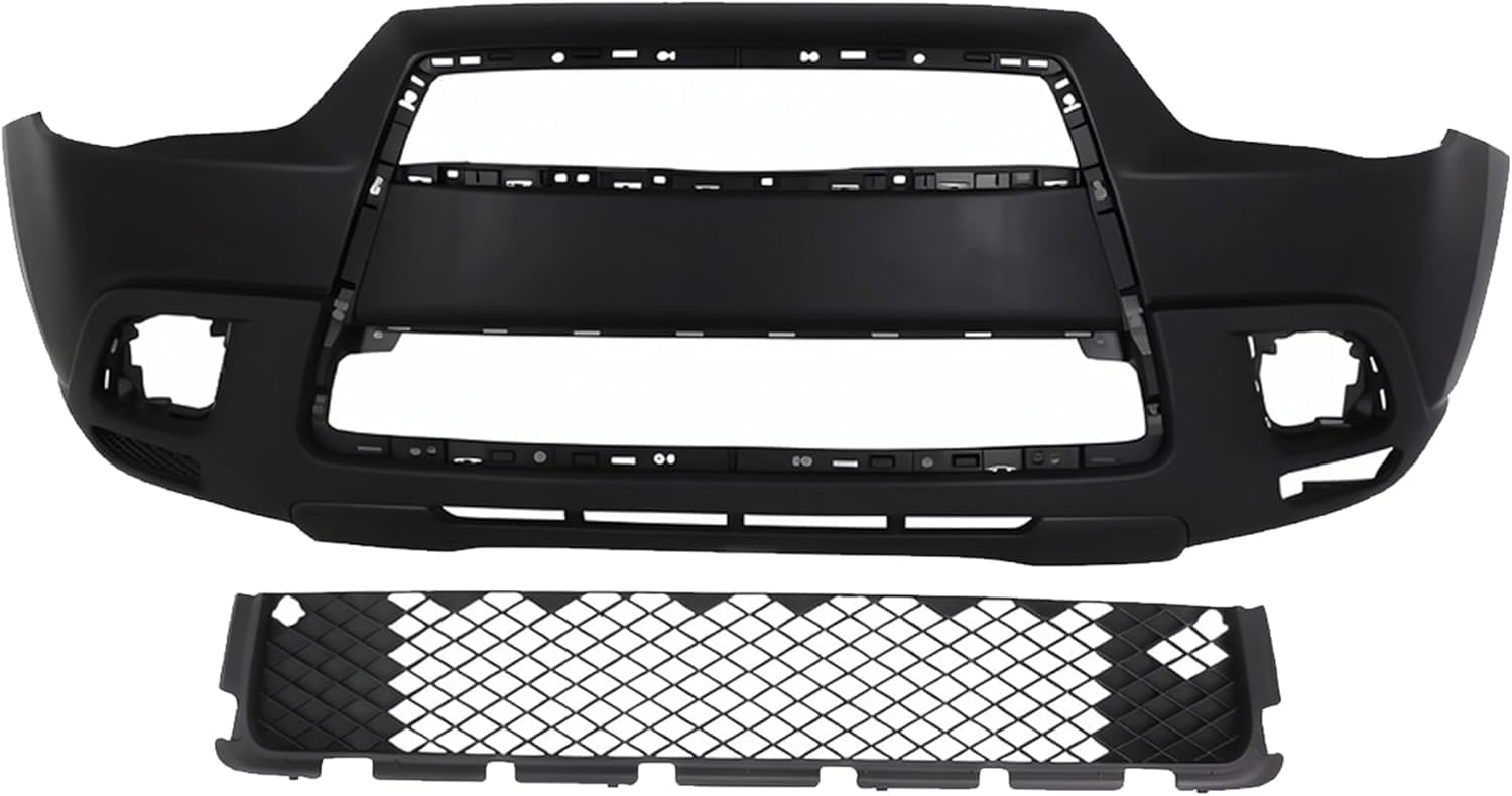 Front Bumper Cover Primed Plastic + Upper & Lower Grille + Chrome Molding + Fog Light + Trim Left & Right Side Direct Replacement Compatible With 2011-2012 Mitsubishi Outlander/RVR