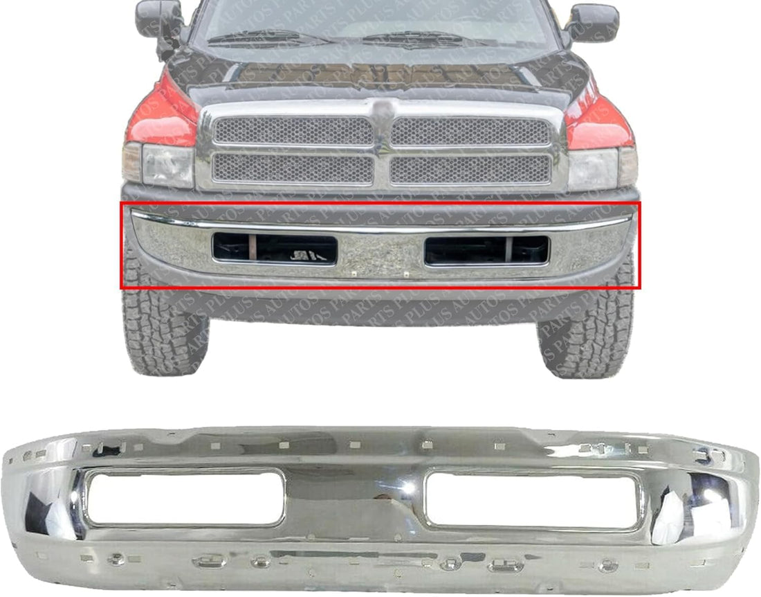 Front Bumper Chrome Steel Direct Replacement Compatible With 1994-2001 Dodge Ram 1500/1994-2002 Ram 2500 3500 CH1002256 CH1002172 55076599AG 55274749