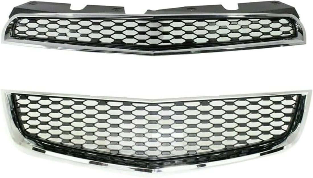 Front Bumper Upper & Lower Grille Chrome Shell & Primed Insert Direct Replacement Compatible With 2010-2015 Chevrolet Equinox GM1200621 GM1200622 25798747 25798744