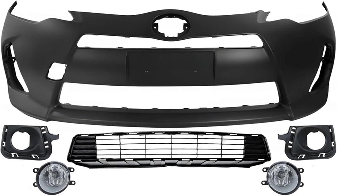 Front Bumper Cover Primed Plastic + Lower Grille + Fog Lights + Trim Left Driver & Right Passenger Side Direct Replacement Compatible With 2012-2014 Toyota Prius C