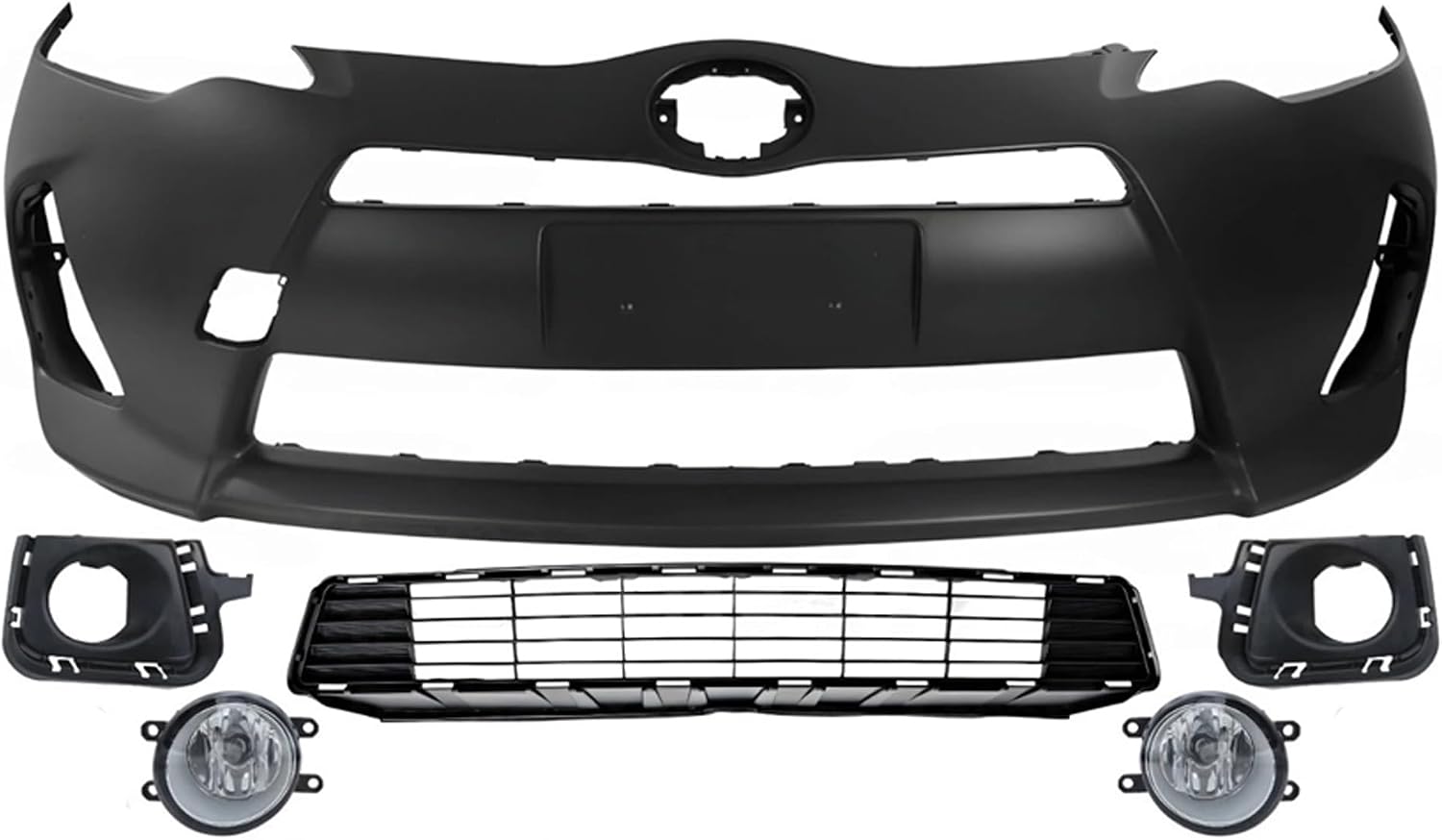 Front Bumper Cover Primed Plastic + Lower Grille + Fog Lights + Trim Left Driver & Right Passenger Side Direct Replacement Compatible With 2012-2014 Toyota Prius C