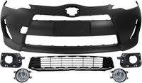 Front Bumper Cover Primed Plastic + Lower Grille + Fog Lights + Trim Left Driver & Right Passenger Side Direct Replacement Compatible With 2012-2014 Toyota Prius C
