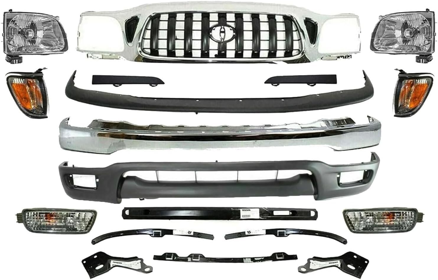 AUTOS PARTS PLUS Front Bumper + Grille + Fillers + Valance + Reinforcement + Head & Corner Lights + Fog Lamp + Bracket Set Of 5 LH & RH Side Direct Replacement Compatible With Toyota Tacoma 2001-2004