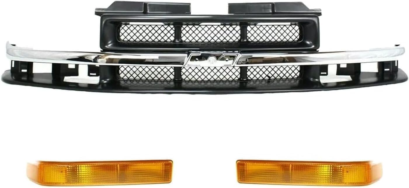 Front Grille Primed With Chrome Center Bar + Signal Lamp + Head Lights Left Driver & Right Passenger Side Direct Replacement Compatible With 1998-2004 Chevrolet S10/Blazer GM1200419