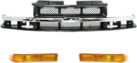 Front Grille Primed With Chrome Center Bar + Signal Lamp + Head Lights Left Driver & Right Passenger Side Direct Replacement Compatible With 1998-2004 Chevrolet S10/Blazer GM1200419
