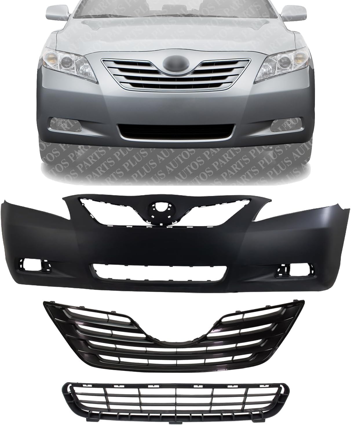 Front Bumper Cover Primed + Upper Grille Black Shell & Insert + Lower Textured Direct Replacement Compatible With 2007-2009 Toyota Camry TO1036103 TO1000329 TO1200288 5311206010