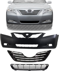 Front Bumper Cover Primed + Upper Grille Black Shell & Insert + Lower Textured Direct Replacement Compatible With 2007-2009 Toyota Camry TO1036103 TO1000329 TO1200288 5311206010