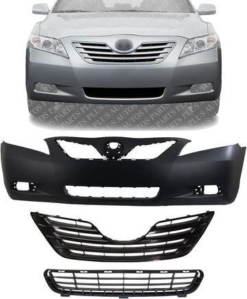 Front Bumper Cover Primed + Upper Grille Black Shell & Insert + Lower Textured Direct Replacement Compatible With 2007-2009 Toyota Camry TO1036103 TO1000329 TO1200288 5311206010
