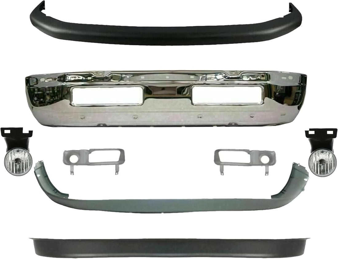 Front Bumper Chrome + Upper & Lower Cover + Valance Textured + Inner & Outer Bracket + Fog Light + Bezels Left & Right Side Direct Replacement For 94-01 Dodge Ram 1500/94-02 2500 3500
