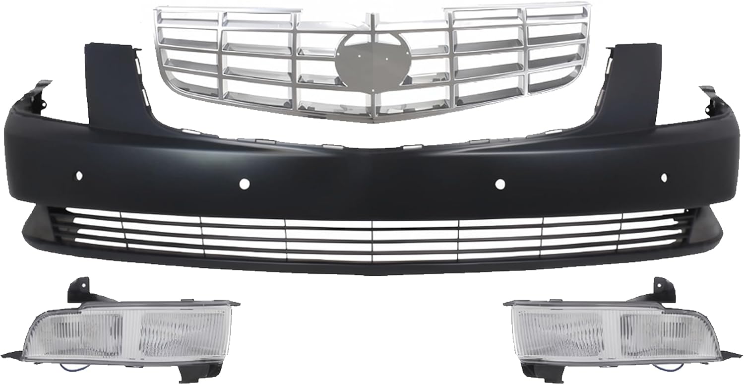 Front Bumper Cover Primed Plastic + Grille Chrome Shell and Insert + Fog Light Left Driver & Right Passenger Side Direct Replacement Compatible With 2006-2011 Cadillac DTS