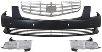 Front Bumper Cover Primed Plastic + Grille Chrome Shell and Insert + Fog Light Left Driver & Right Passenger Side Direct Replacement Compatible With 2006-2011 Cadillac DTS