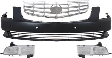 Front Bumper Cover Primed Plastic + Grille Chrome Shell and Insert + Fog Light Left Driver & Right Passenger Side Direct Replacement Compatible With 2006-2011 Cadillac DTS