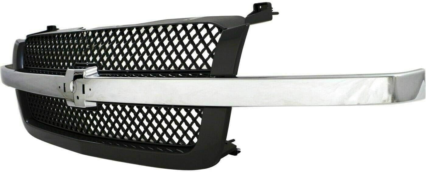 Front Grill Mesh Gray With Chrome Center Bar + Headlight Brackets Left Driver & Right Passenger Side Direct Replacement Compatible With 2003-2006 Chevrolet Silverado 1500 2500 3500