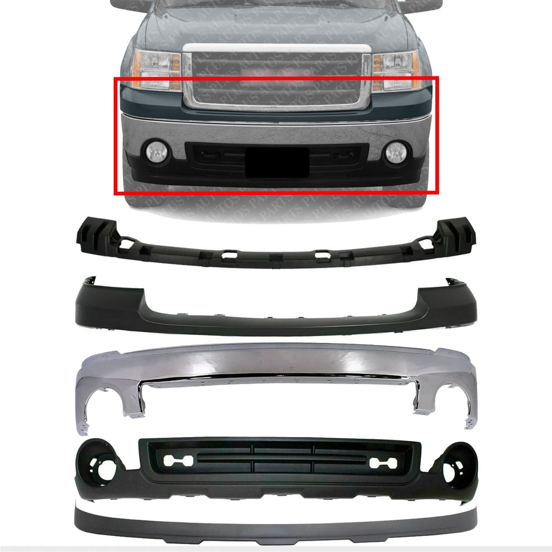 Front Bumper Chrome + Upper Cover Primed + Bracket + Lower Valance + Extension Textured Direct Replacement Compatible With GMC Sierra 1500 2007-2013 GM1015100 GM1092211 GM1014102