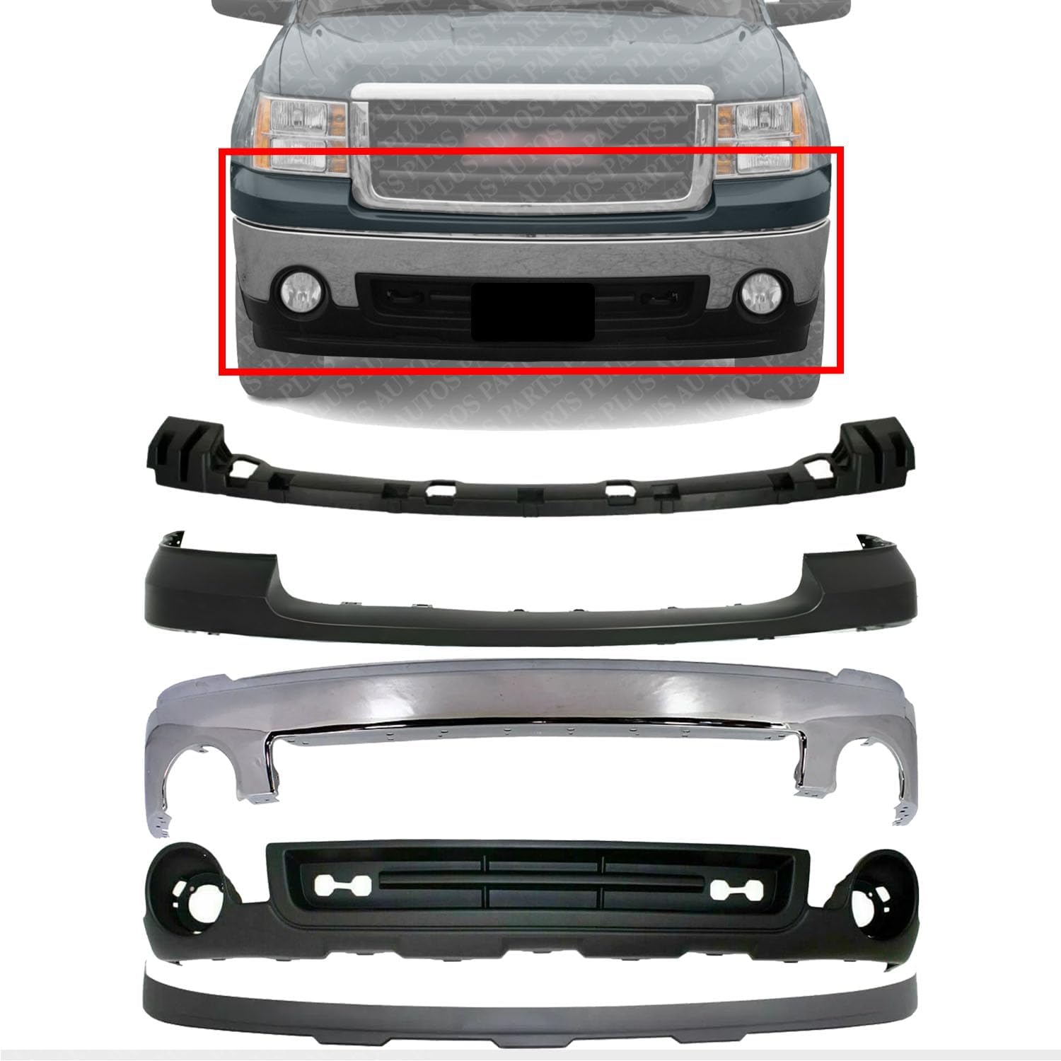 Front Bumper Chrome + Upper Cover Primed + Bracket + Lower Valance + Extension Textured Direct Replacement Compatible With GMC Sierra 1500 2007-2013 GM1015100 GM1092211 GM1014102