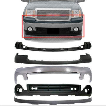 Front Bumper Chrome + Upper Cover Primed + Bracket + Lower Valance + Extension Textured Direct Replacement Compatible With GMC Sierra 1500 2007-2013 GM1015100 GM1092211 GM1014102