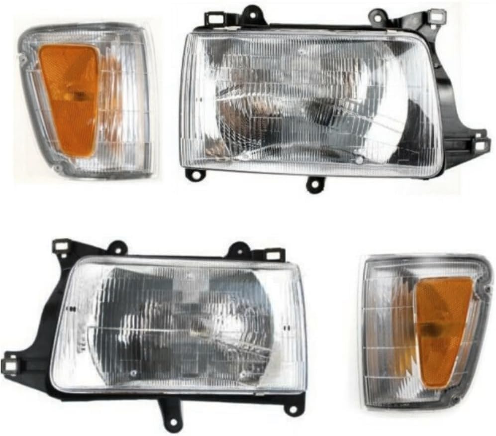 Front Head Lights Assembly + Corner + Signal Lamps Plastic Left Driver & Right Passenger Side Direct Replacement Compatible With 1993-1998 Toyota T100 TO2530118 TO2531118