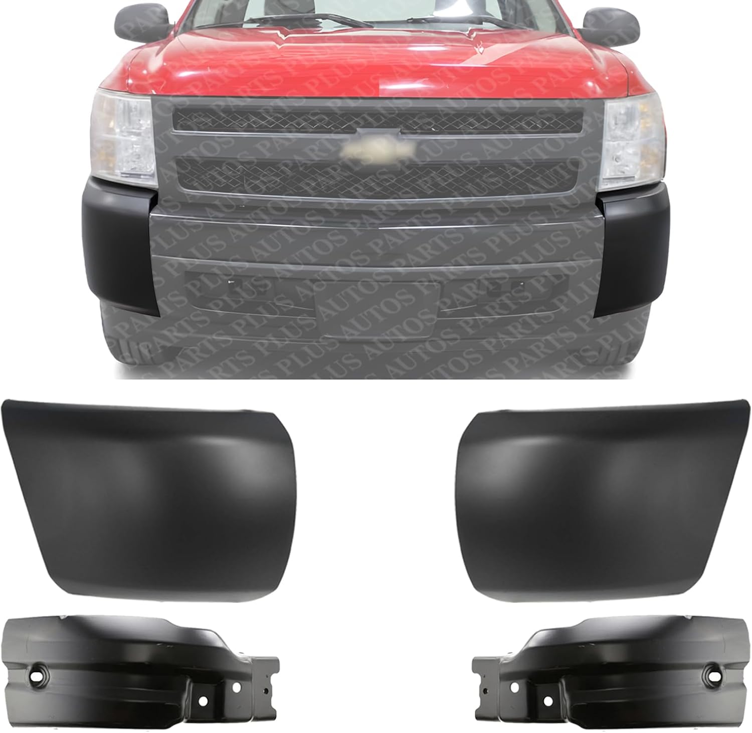 Front Bumper Extensions Brackets Steel + End Caps Textured Plastic Left Driver & Right Passenger Side Direct Replacement Compatible With 2007-2013 Chevrolet Silverado 1500