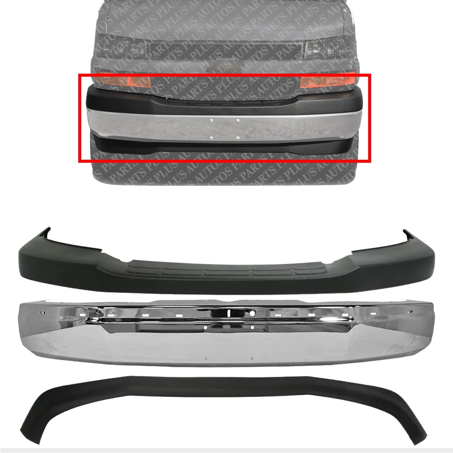 Front Bumper Face Bar Chrome + Upper Cover + Lower Valance Textured Direct Replacement Compatible With 2003-2017 GMC Savana/Chevrolet Express 1500 2500 3500 GM1000693 GM1002459