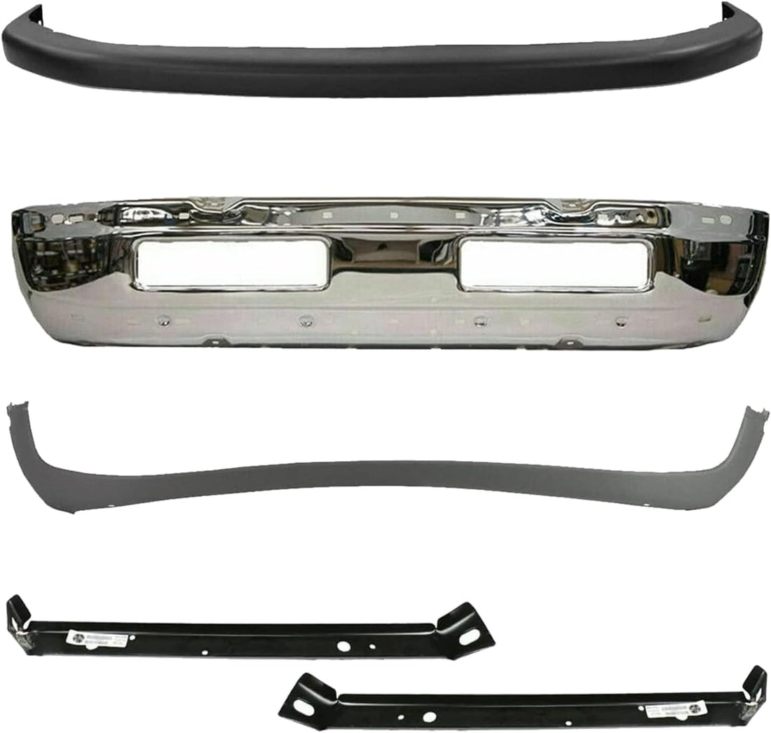 Front Bumper Chrome + Upper Cover + Lower Valance + Outer Mounting Brackets Right & Left Side Direct Replacement Compatible With 94-01 Dodge Ram 1500/94-02 2500 3500 CH1000232
