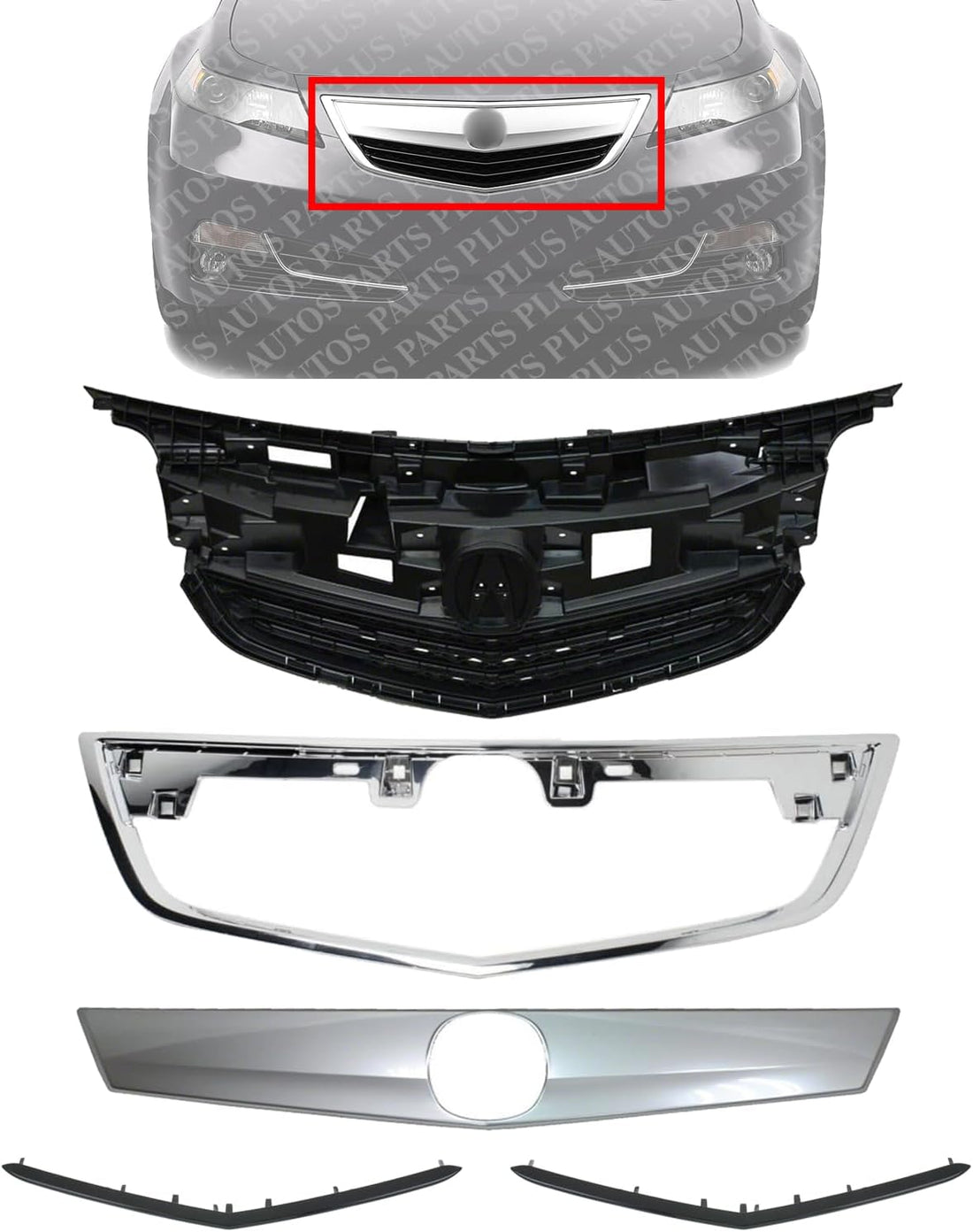 Front Grille Bar Cover + Frame Shell And Insert Primed + Upper & Lower Moldings Left Driver & Right Passenger Side Direct Replacement Compatible With 2012-2014 Acura TL AC1200120
