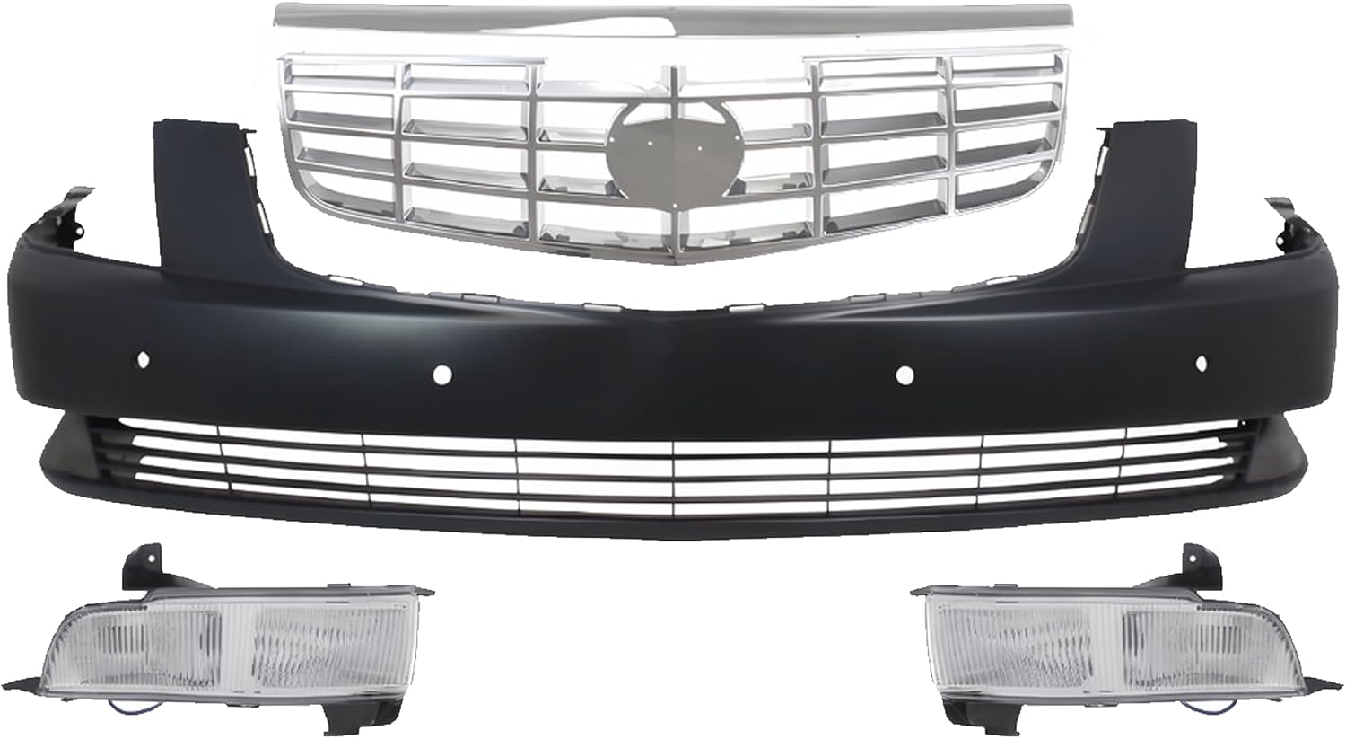 Front Bumper Cover Primed Plastic + Grille Chrome Shell and Insert + Chrome Molding + Fog Light Left & Right Side Direct Replacement Compatible With 2006-2011 Cadillac DTS