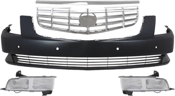 Front Bumper Cover Primed Plastic + Grille Chrome Shell and Insert + Chrome Molding + Fog Light Left & Right Side Direct Replacement Compatible With 2006-2011 Cadillac DTS