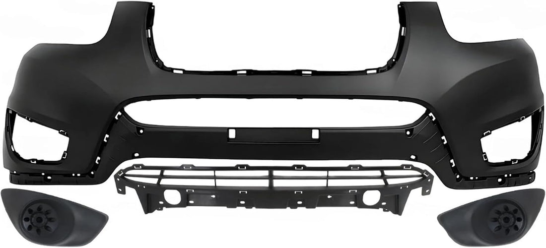 Front Bumper Cover Primed Plastic + Lower Grille Textured + Fog Light Cover Left Driver & Right Passenger Side Direct Replacement Compatible With 2010-2012 Hyundai Santa Fe