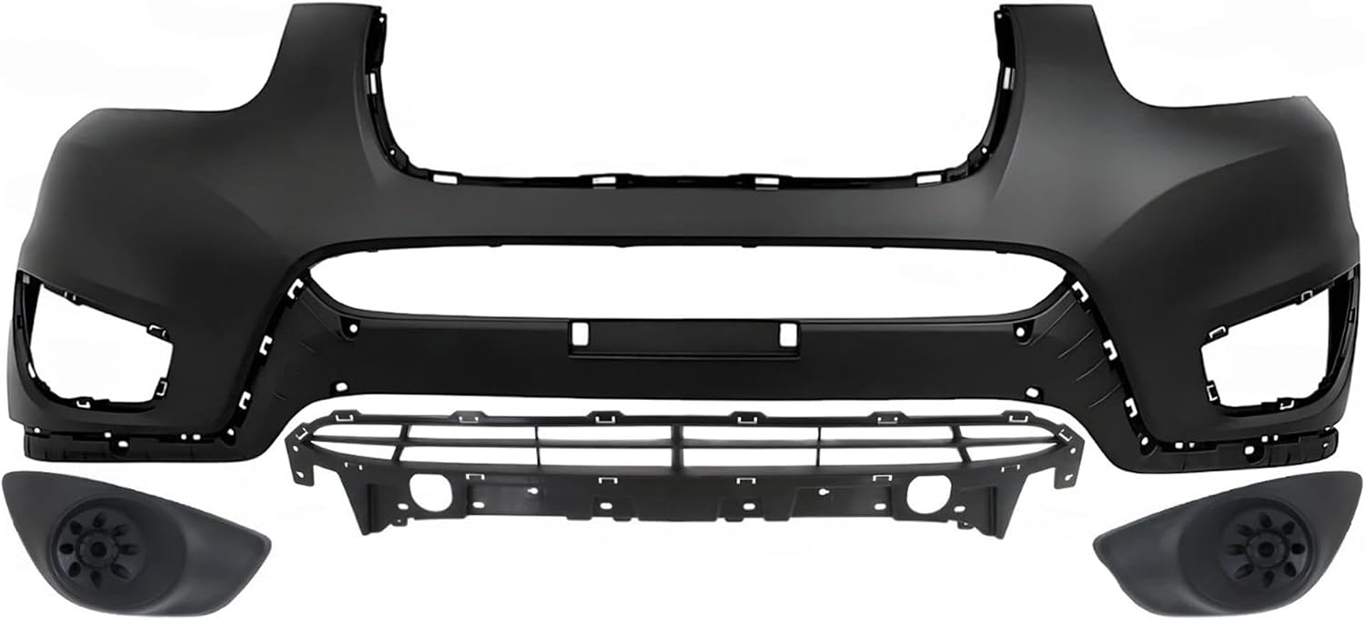 Front Bumper Cover Primed Plastic + Lower Grille Textured + Fog Light Cover Left Driver & Right Passenger Side Direct Replacement Compatible With 2010-2012 Hyundai Santa Fe