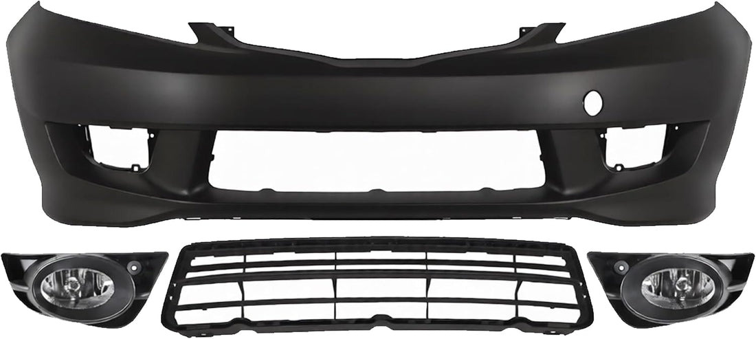 Front Bumper Cover Primed Plastic + Lower Grille Textured + Fog Lights Left Driver & Right Passenger Side Direct Replacement Compatible With 2009-2011 Honda Fit