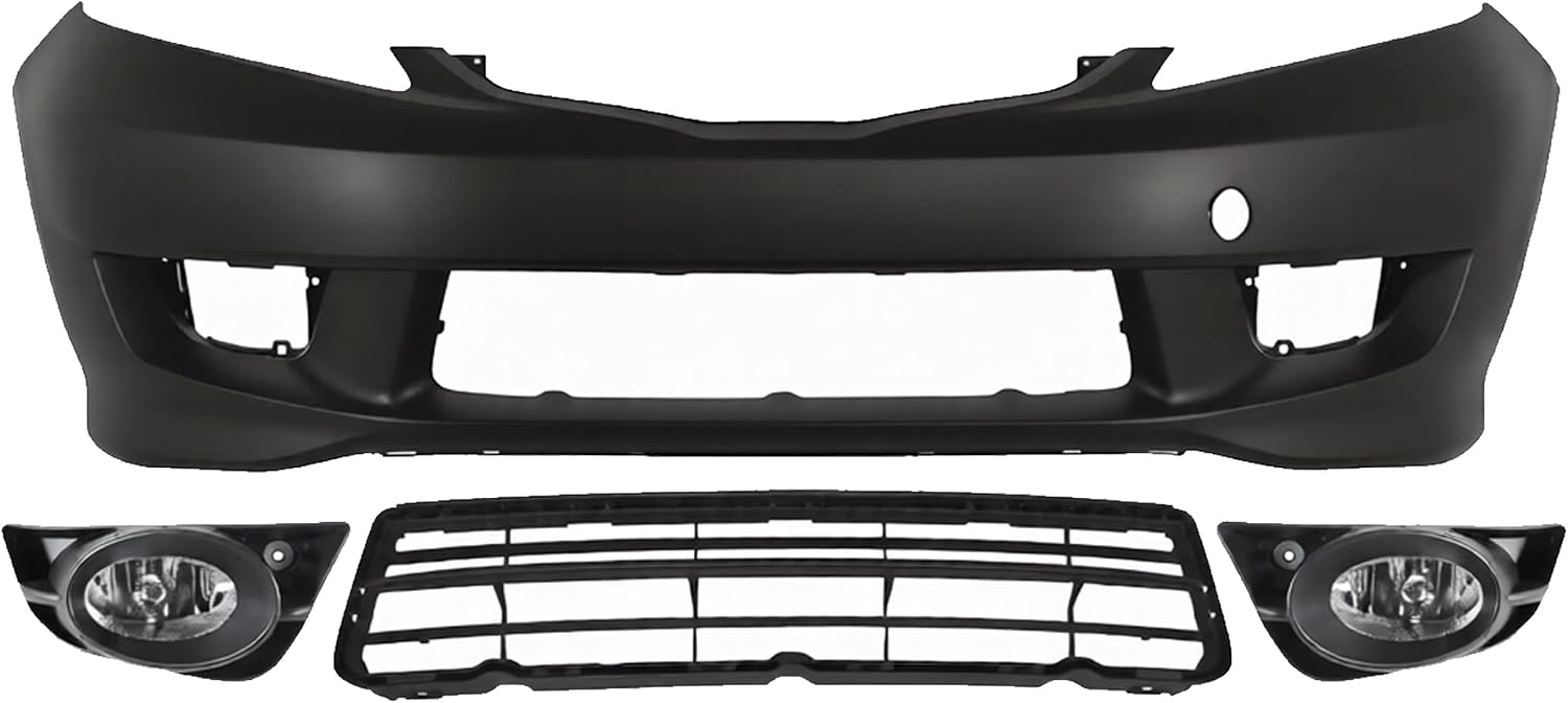 Front Bumper Cover Primed Plastic + Lower Grille Textured + Fog Lights Left Driver & Right Passenger Side Direct Replacement Compatible With 2009-2011 Honda Fit