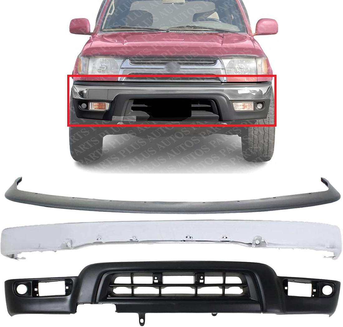 Front Bumper Face Bar Chrome Steel + Filler Gray + Lower Valance Primed Direct Replacement Compatible With Toyota 4Runner 1999-2002 TO1095182 TO1002168 TO1087108 5391135911 5210135660