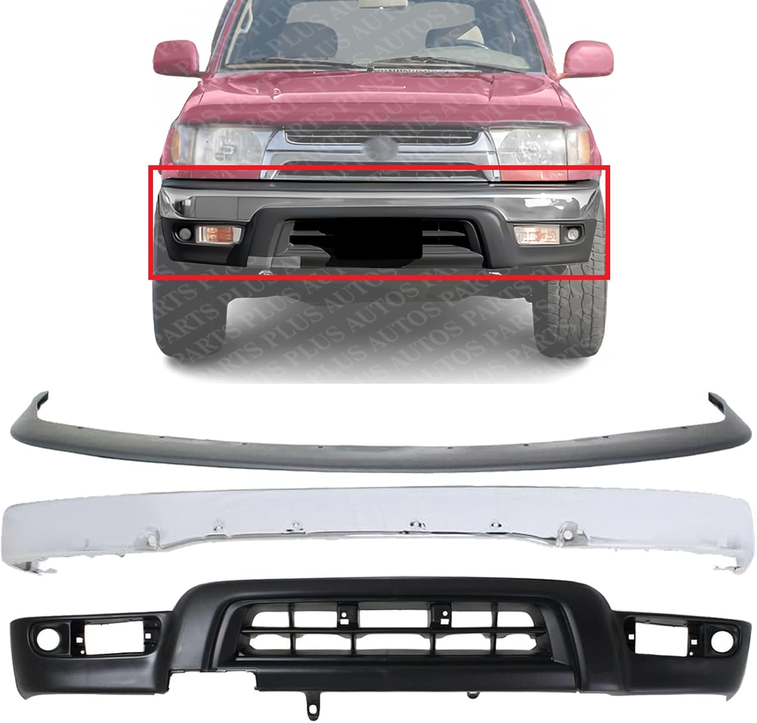 Front Bumper Face Bar Chrome Steel + Filler Gray + Lower Valance Primed Direct Replacement Compatible With Toyota 4Runner 1999-2002 TO1095182 TO1002168 TO1087108 5391135911 5210135660